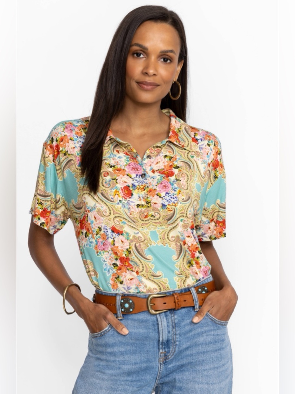 Johnny Was RIVORAY SHORT SLEEVE POLO TEE - Medium